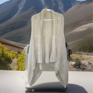 Kloth & Clover Ivory Eyelash Cable Knit Open‎ Front Waterfall Vest Cream OS